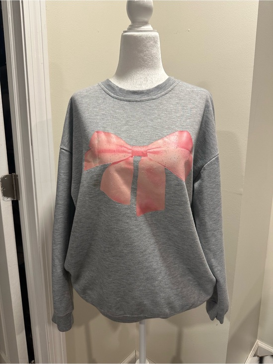 None Sweaters - Gray Pink Bow Graphic Crewneck Sweatshirt XL Coquette